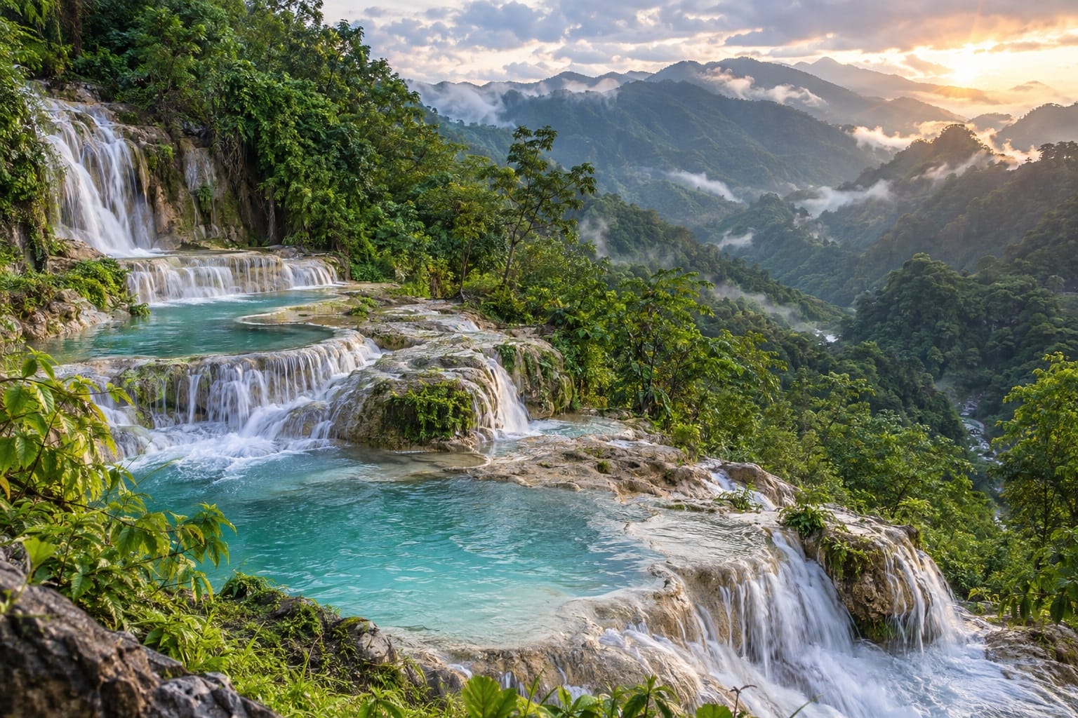 Illustration of terraced turquoise limestone cascades in a forested mountain valley in Abra