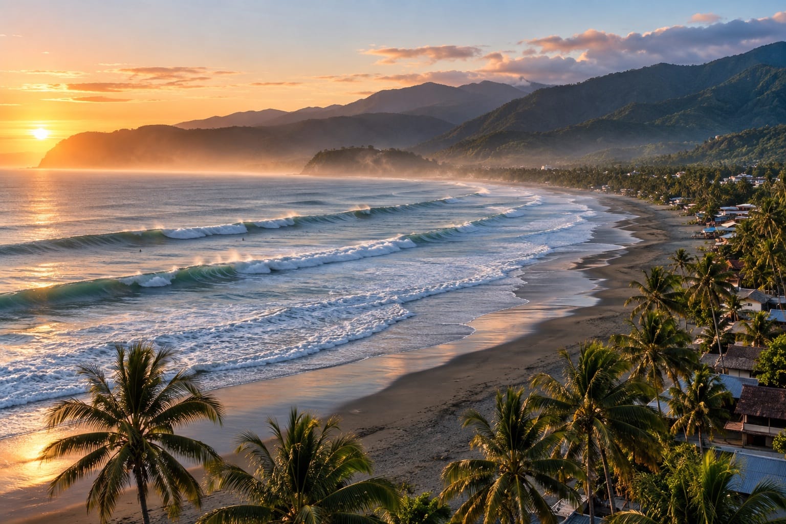 Illustration of a long palm-lined surf beach with mountains behind it in Baler, Aurora