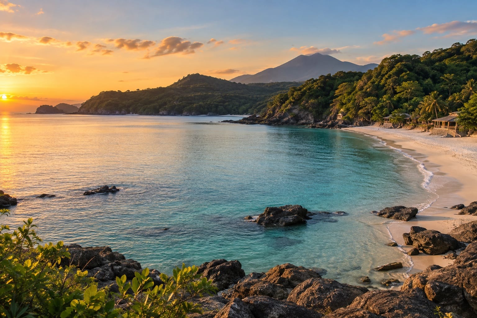 Illustration of a forested cove and beach below a mountain on the Bataan coast
