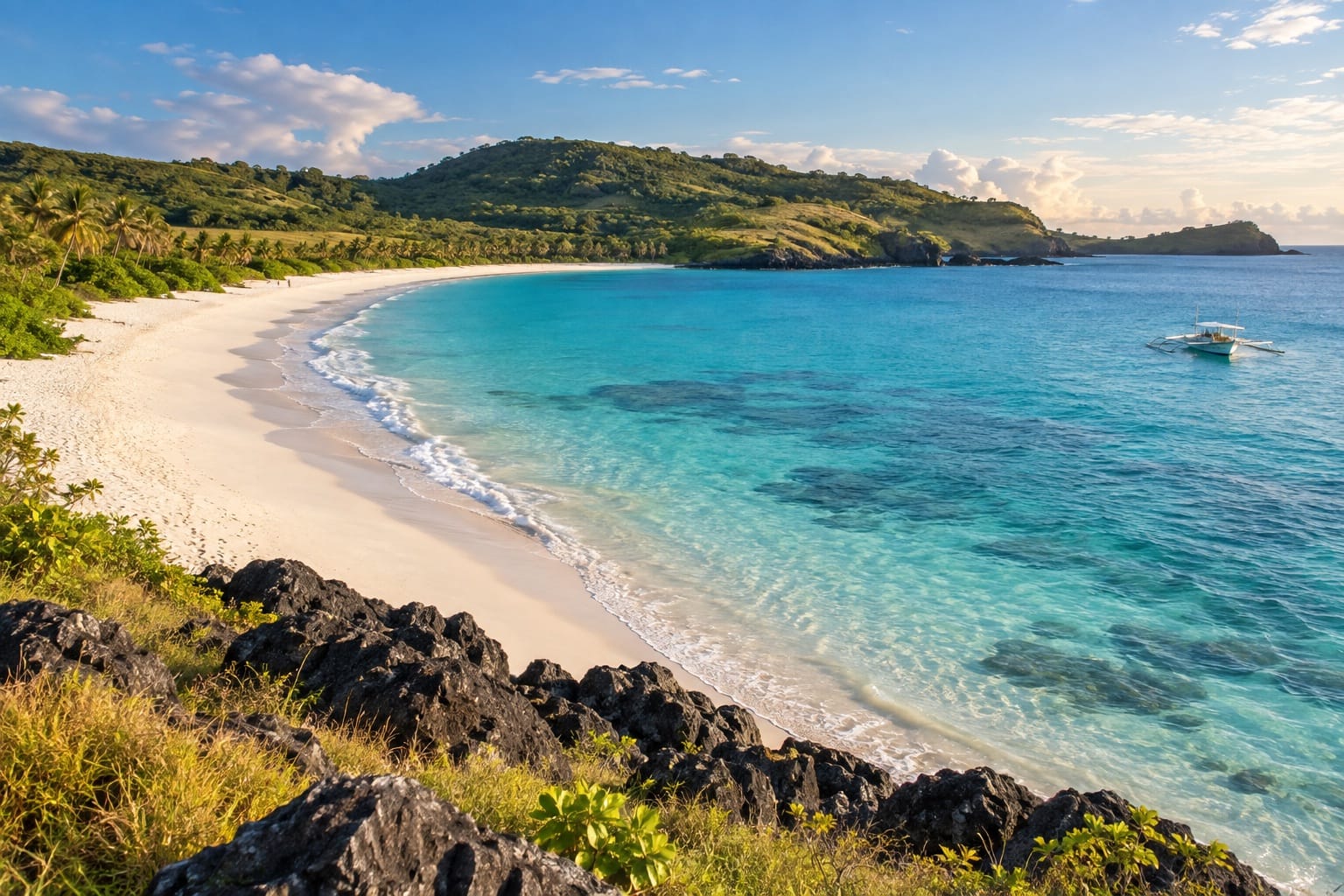 Illustration of a long white-sand beach curving below green hills above clear turquoise water in Calaguas, Camarines Norte