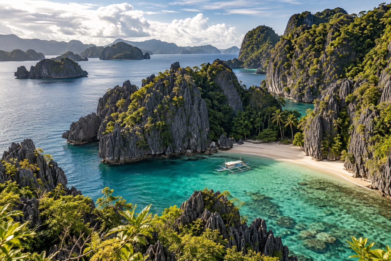 Illustration of jagged limestone islets and a white-sand cove with an outrigger boat in Caramoan, Camarines Sur