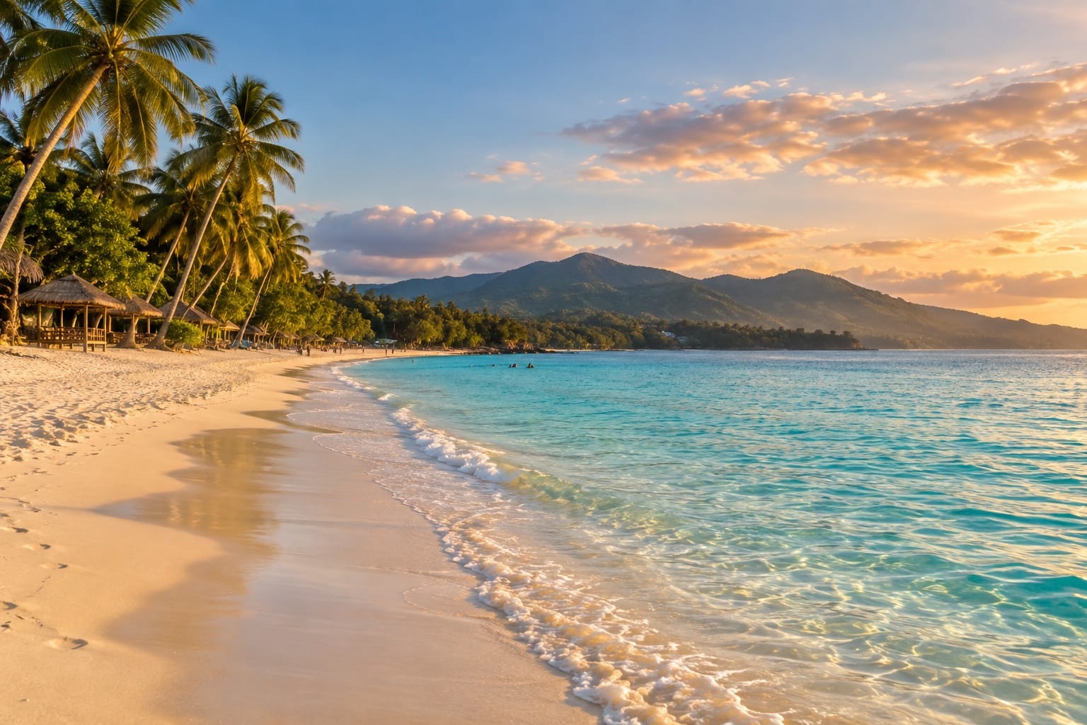 Illustration of a long pale-sand beach with coconut palms and gentle hills in Glan, Sarangani