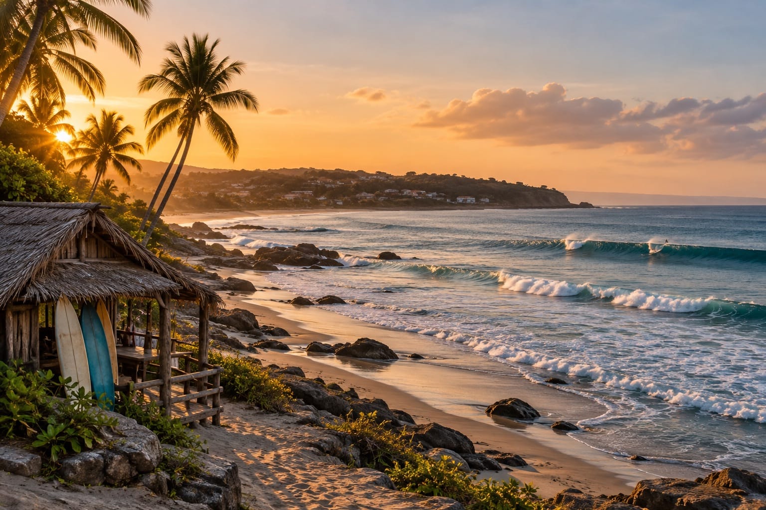 Illustration of surfboards on a beach at sunset in La Union