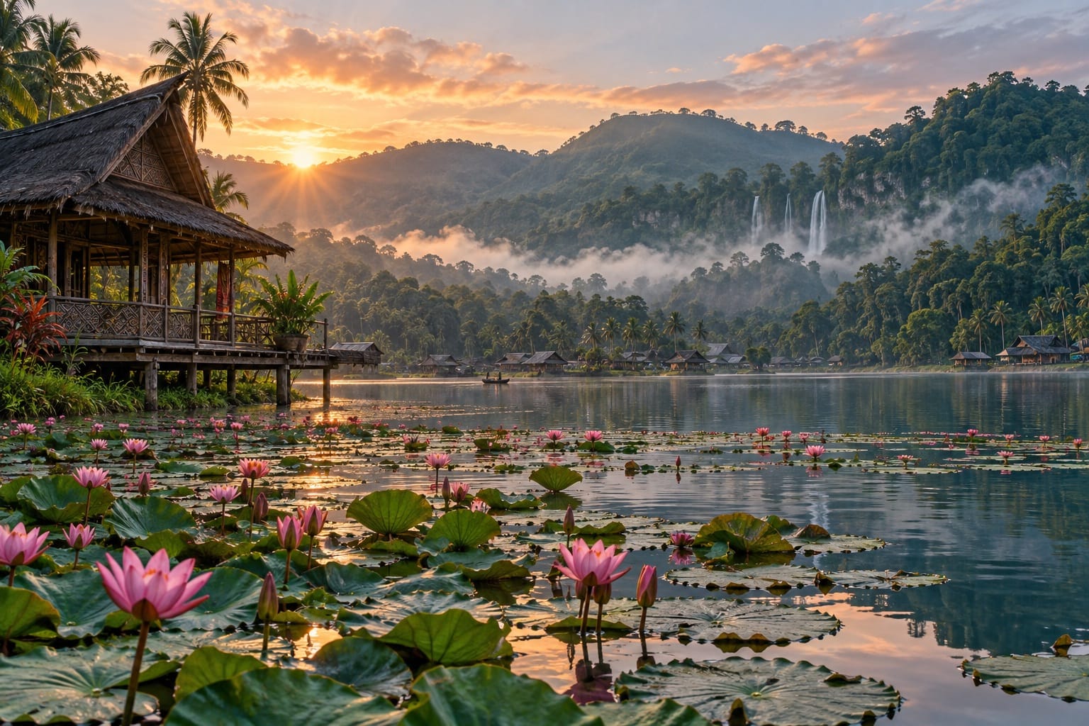Illustration of a misty highland lake with lotus beds and green hills on Lake Sebu, South Cotabato