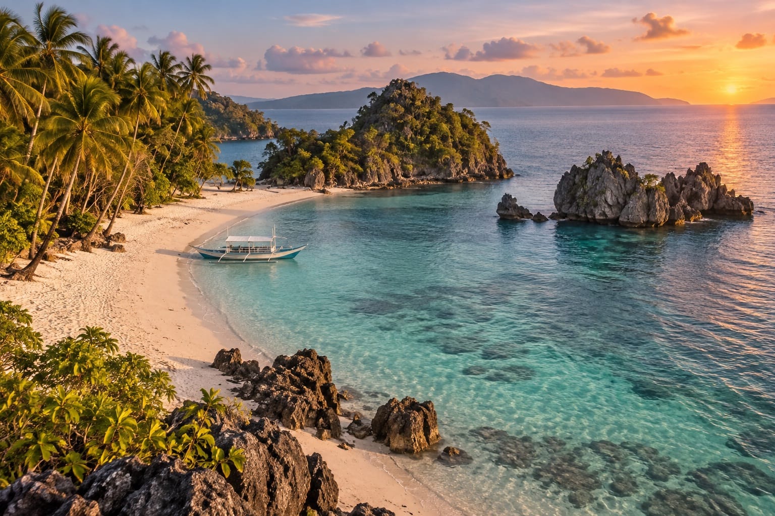 Illustration of a palm-lined white-sand beach with offshore rock islets at sunset in Marinduque