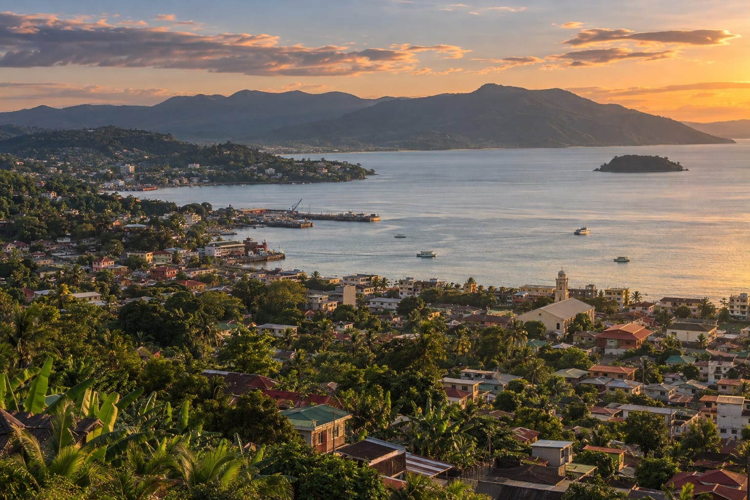 Illustration of a hilly city descending to a bay with small boats and green ridges in Pagadian