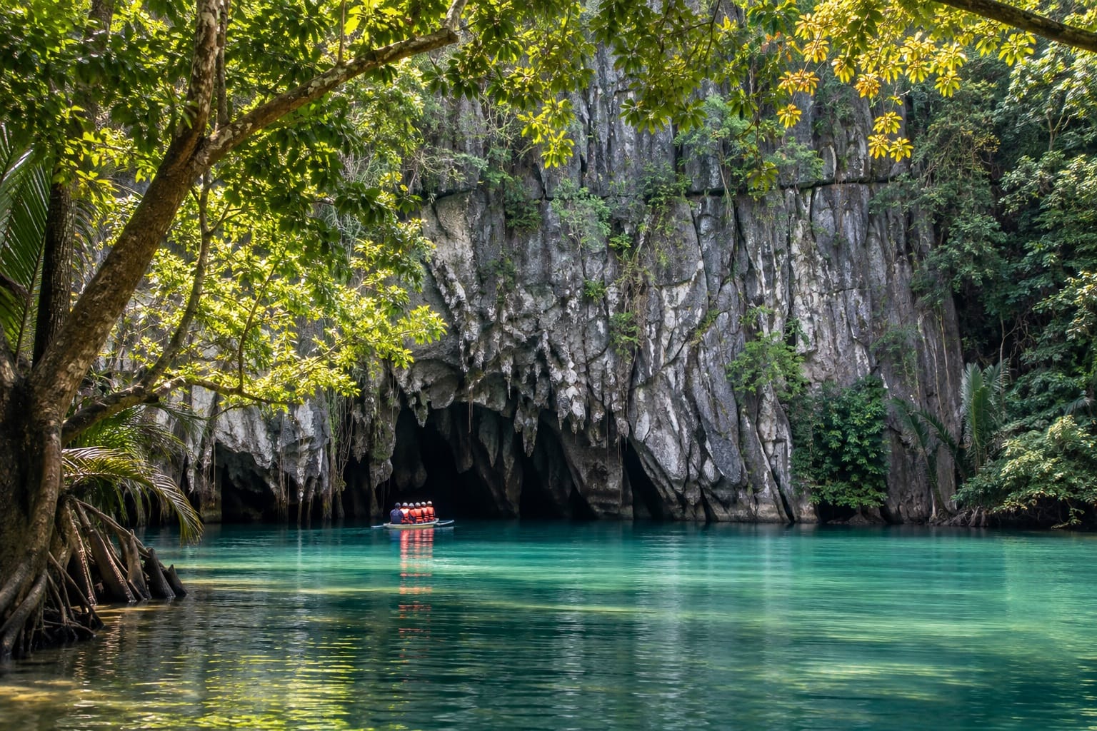 Illustration of a paddle boat at the limestone entrance of the Underground River in Puerto Princesa, Palawan