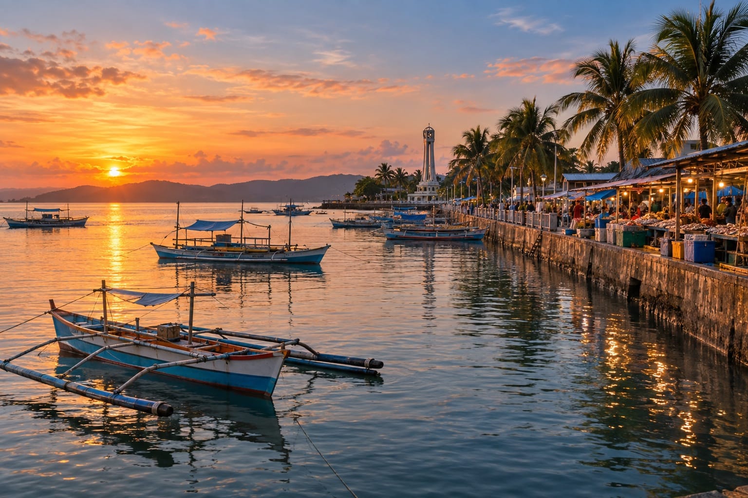 Illustration of a bayfront with small fishing boats and a palm-lined shore at sunset in Roxas City, Capiz