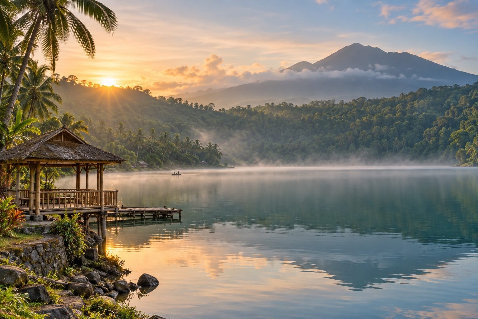 Illustration of a misty crater lake ringed by forest and palms with a lakeside pavilion in San Pablo, Laguna