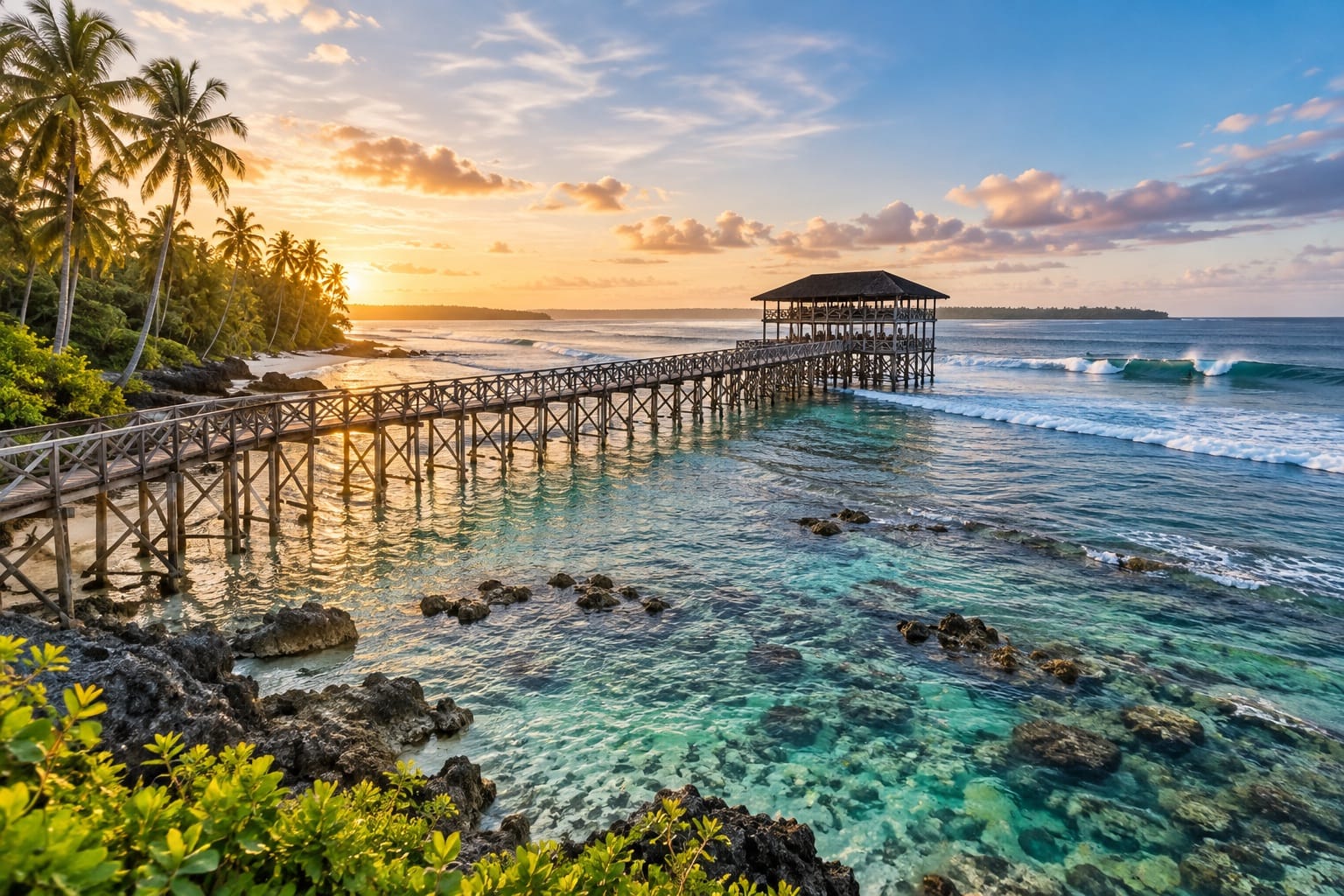 Illustration of a boardwalk over clear reef water with surf and coconut palms at Siargao Island