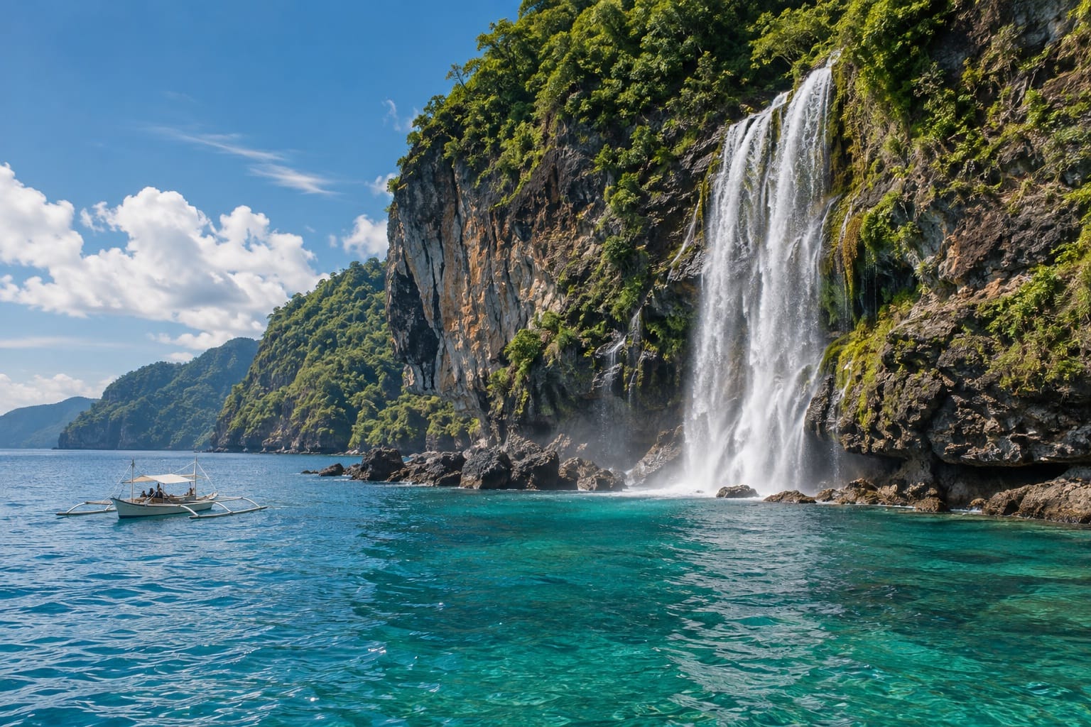 Illustration of a waterfall dropping from a green sea cliff toward turquoise water on Ticao Island, Masbate