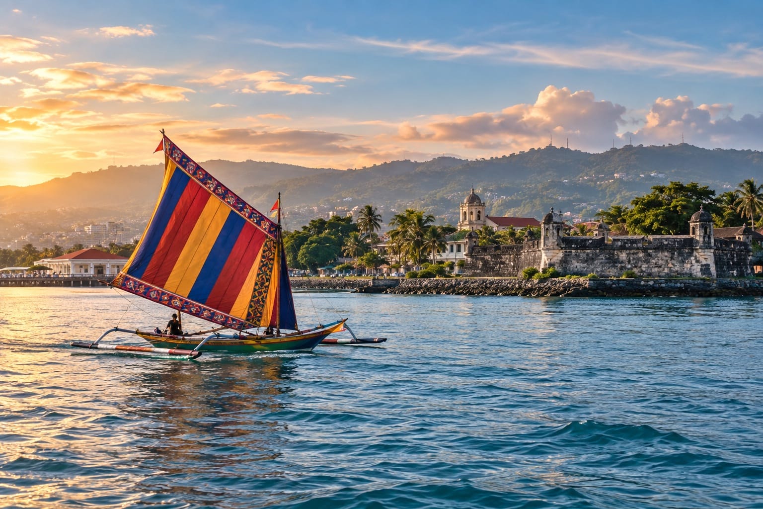 Illustration of a vinta with a striped sail crossing clear water off Zamboanga City