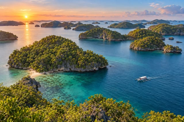 Illustration of green limestone islets scattered across a calm gulf at sunrise in Hundred Islands, Pangasinan