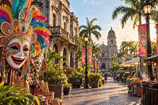 Illustration of festival masks along a heritage street in Bacolod City