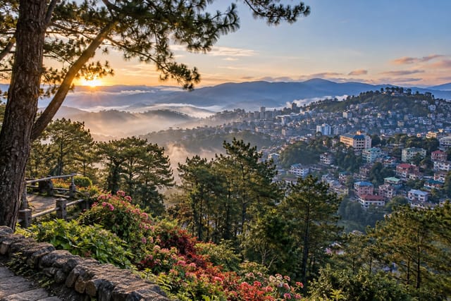 Illustration of pine-covered hills rising behind a hillside city in Baguio, Benguet