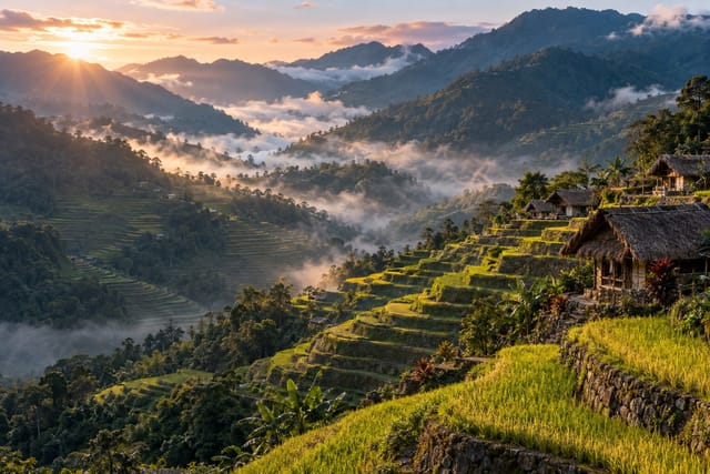 Illustration of emerald rice terraces and thatched houses in a misted mountain valley in Banaue, Ifugao