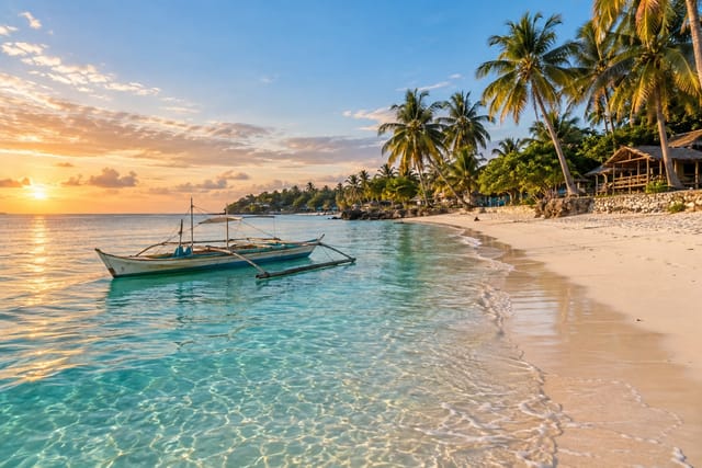 Illustration of a wide pale-sand beach with shallow aquamarine water, palms, and a small fishing boat in Bantayan Island, Cebu