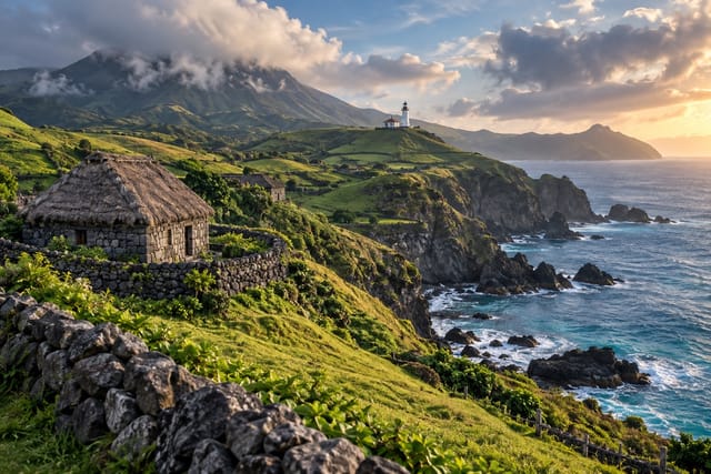 Illustration of rolling green hills, a stone Ivatan house, and a lighthouse above a rocky coast in Batanes