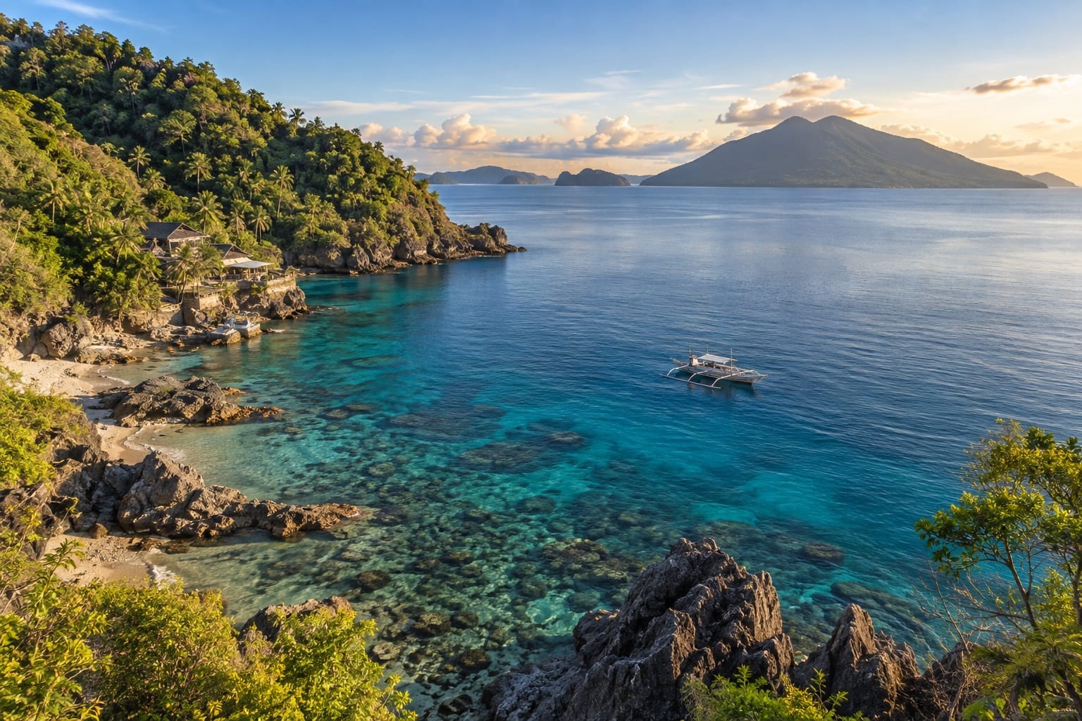 Illustration of a sandy cove with offshore islands in Batangas