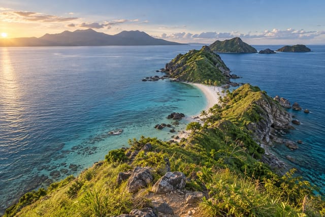 Illustration of a narrow green island ridge with twin pale beaches and deep blue water in Sambawan, Biliran