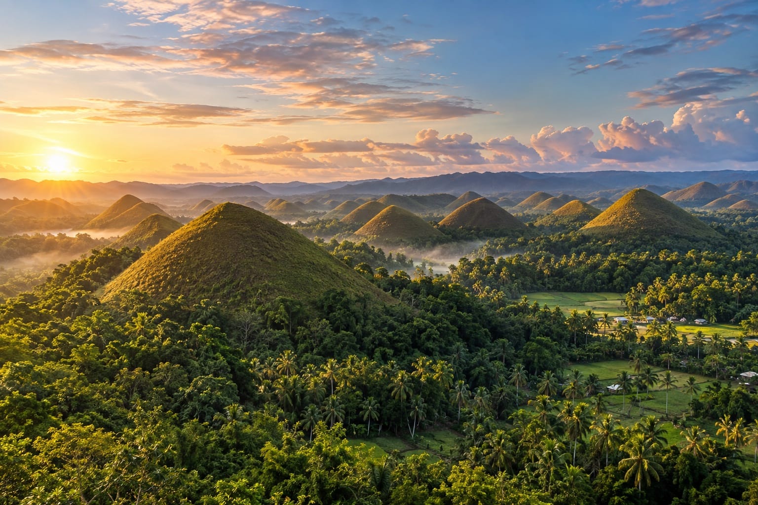 Illustration of the Chocolate Hills rolling across a lush landscape in Bohol