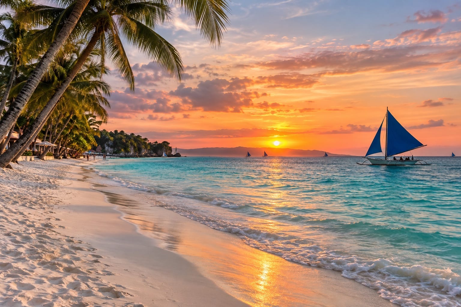 Illustration of a white-sand beach with a paraw sailboat on turquoise water in Boracay