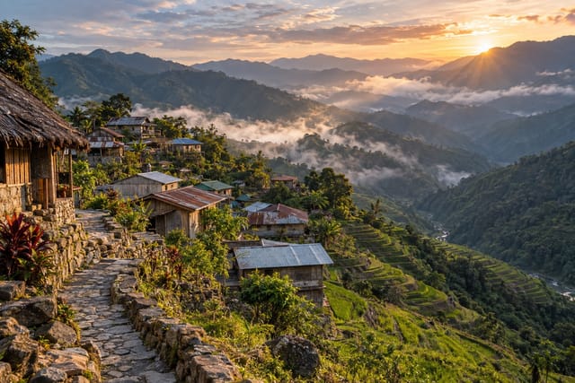 Illustration of a stone-walled mountain village above rice terraces in the morning mist in Buscalan, Kalinga