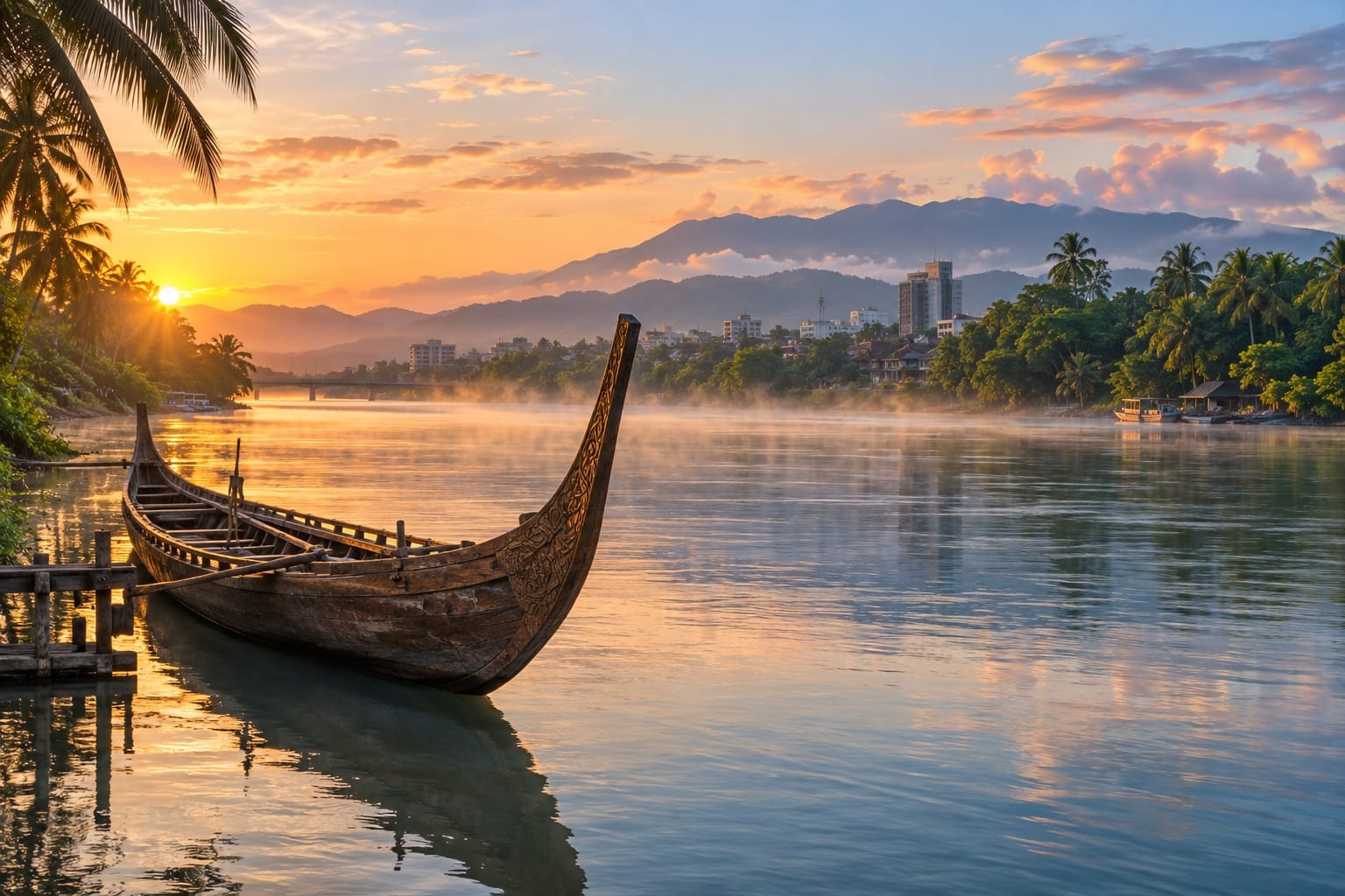 Illustration of a wooden balangay boat on a broad river with green banks and a low city skyline near Butuan