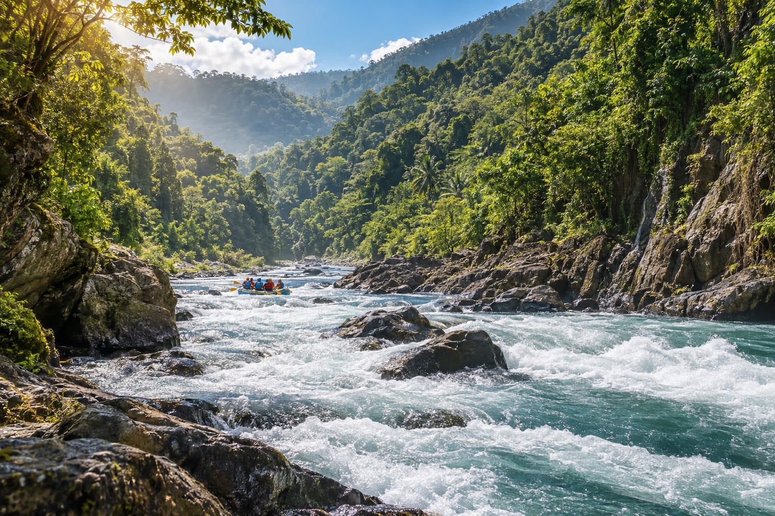 Illustration of rafters running whitewater through a forested river gorge near Cagayan de Oro City