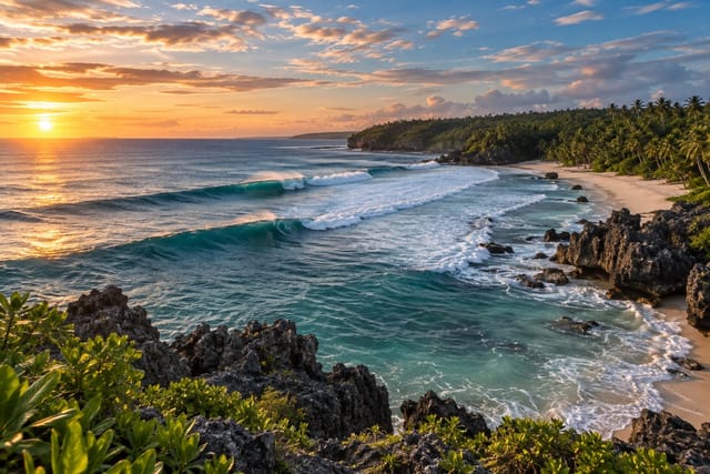 Illustration of a sweeping surf coast with clean Pacific waves, a pale beach, and coconut forest on Calicoan Island, Eastern Samar