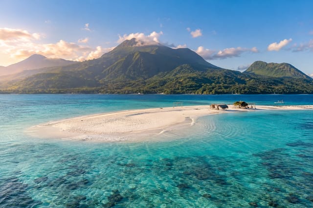 Illustration of a white sandbar in clear turquoise water with forested volcanic slopes behind it in Camiguin