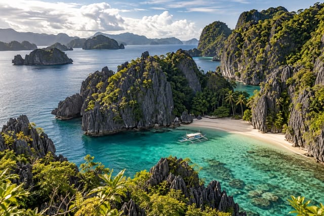 Illustration of jagged limestone islets and a white-sand cove with an outrigger boat in Caramoan, Camarines Sur