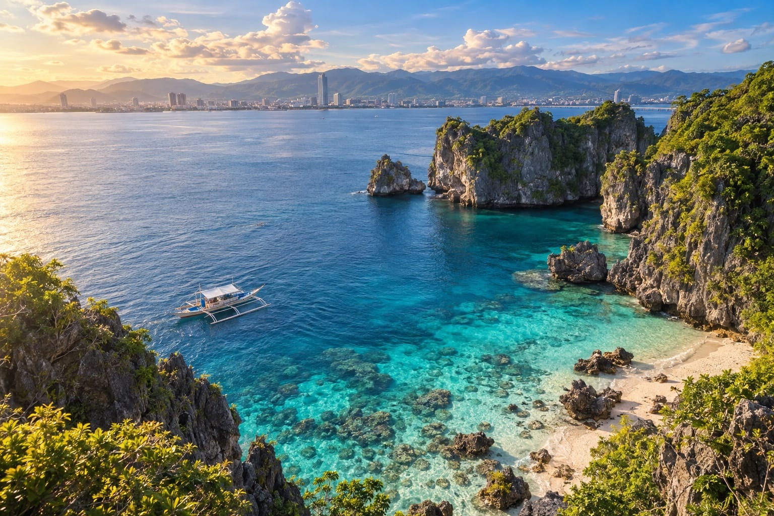 Illustration of a sweeping coastline with an outrigger boat and distant city silhouettes in Cebu