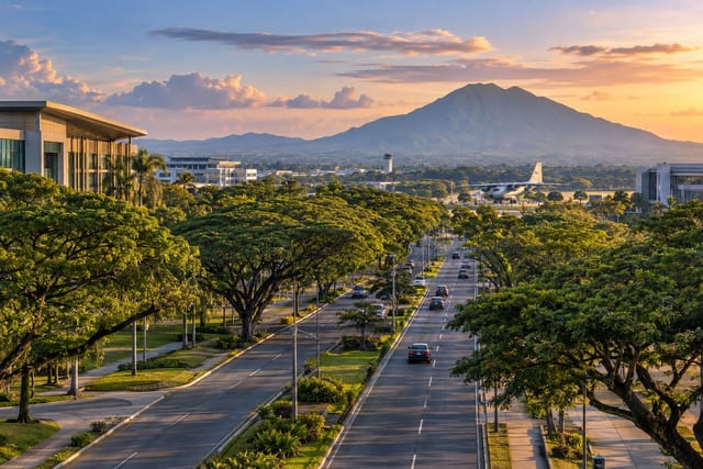 Illustration of a wide tree-lined avenue and tidy buildings in Clark, Pampanga