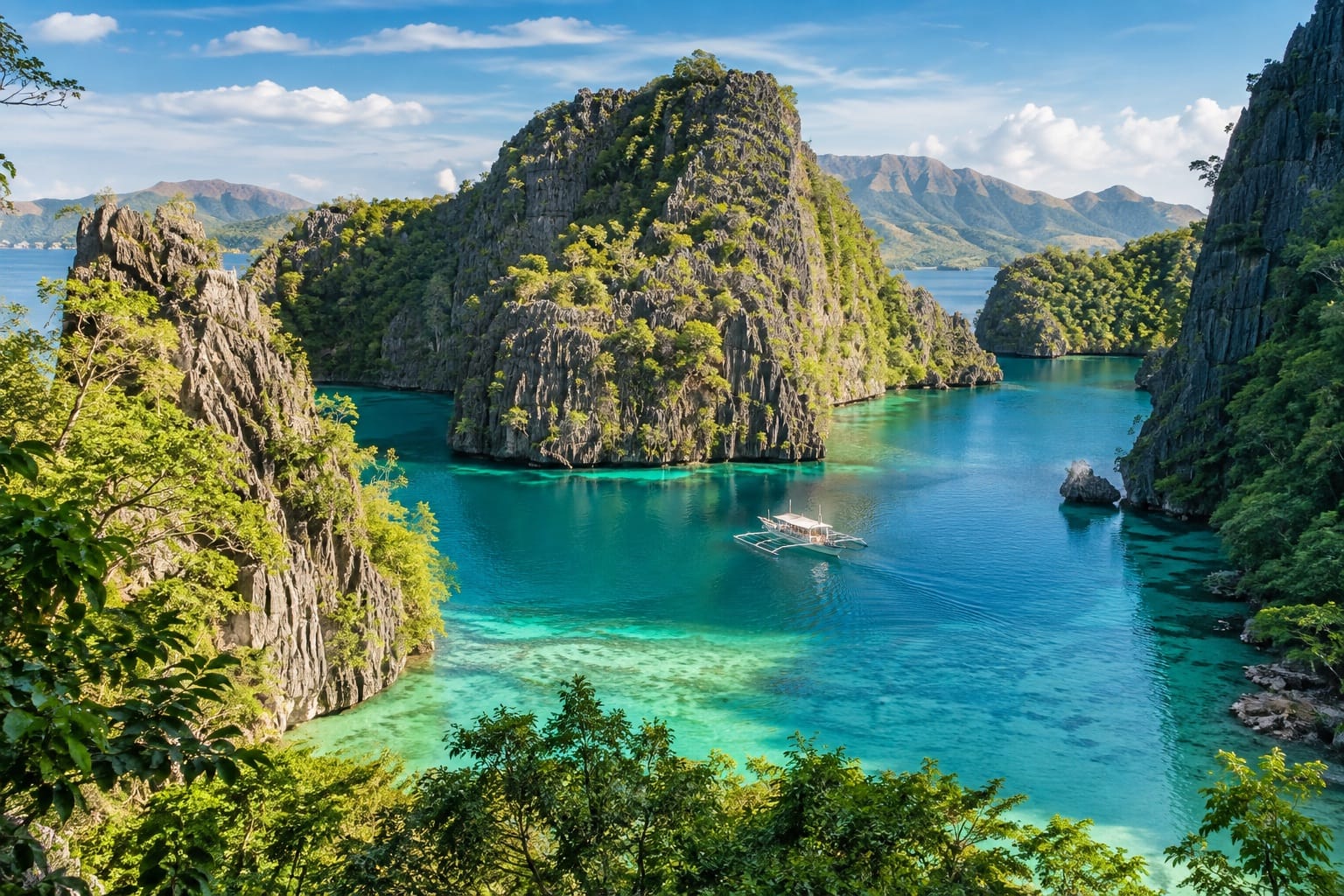 Illustration of limestone cliffs rising over turquoise water in Coron, Palawan