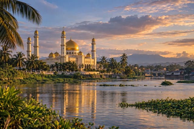 Illustration of a gold-domed mosque beside a calm river with palms in Cotabato City