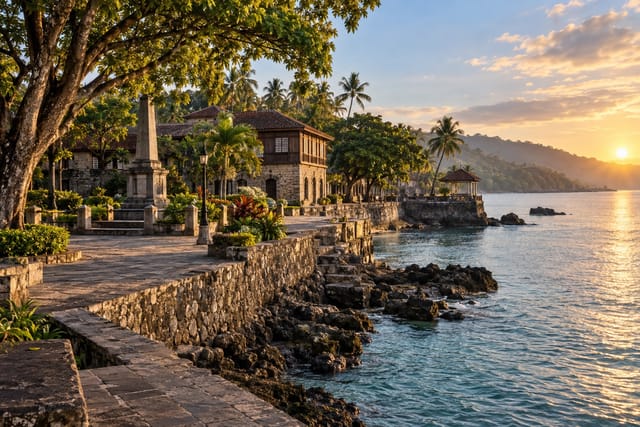 Illustration of a weathered heritage house and leafy plaza by calm sea water in Dapitan