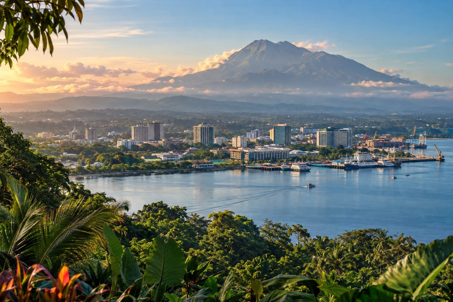 Illustration of a green waterfront and low-rise skyline with Mount Apo visible beyond Davao City