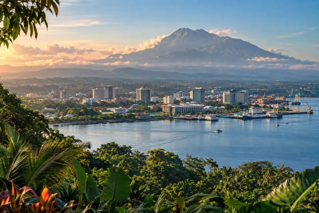 Illustration of a green waterfront and low-rise skyline with Mount Apo visible beyond Davao City