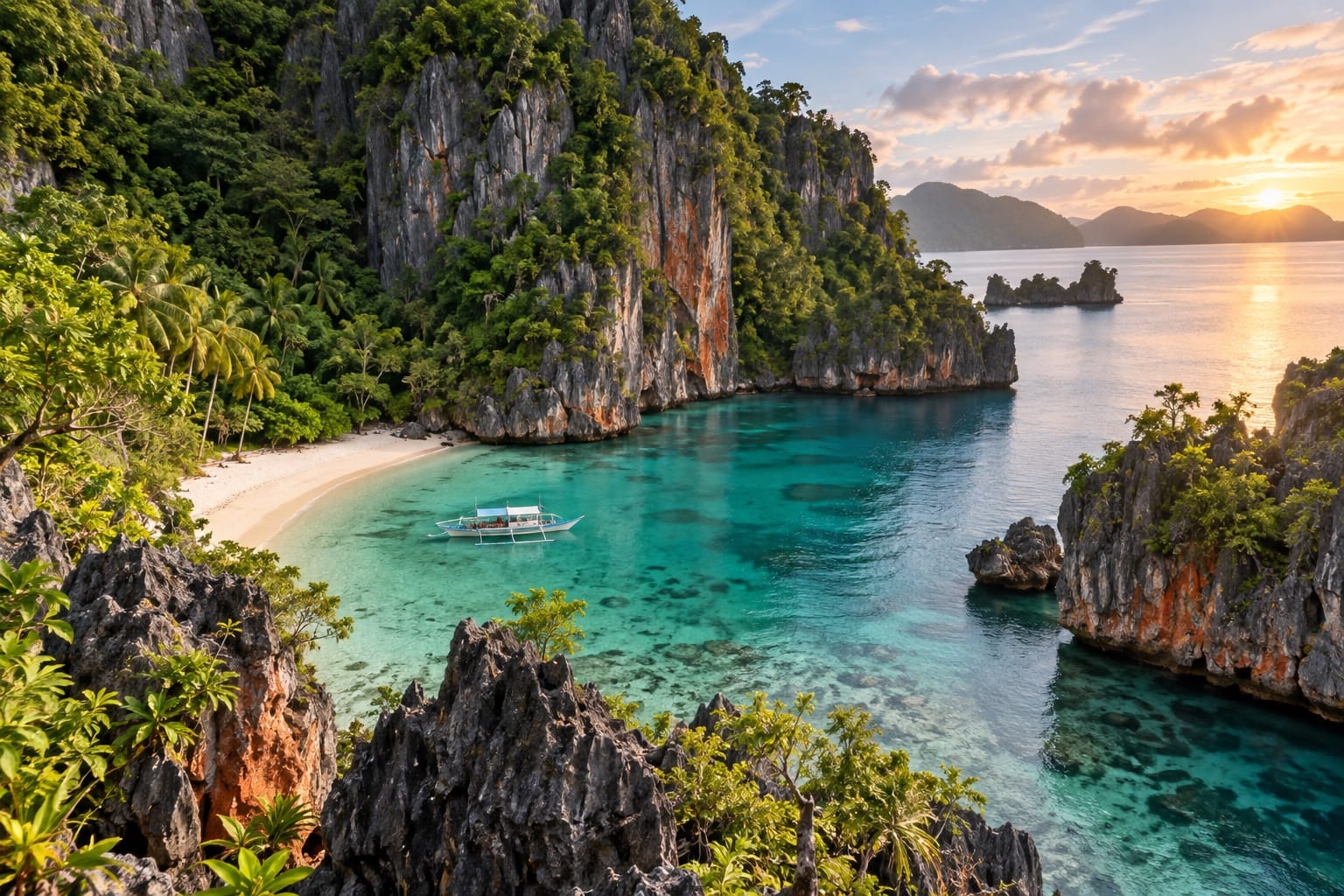 Illustration of a hidden pale-sand cove with teal water and dark limestone formations on the Dinagat Islands