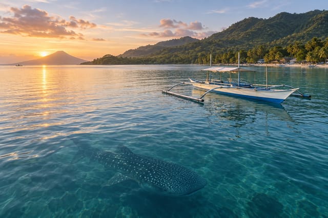 Illustration of a whale shark beneath clear water beside an outrigger boat at sunset in Donsol, Sorsogon