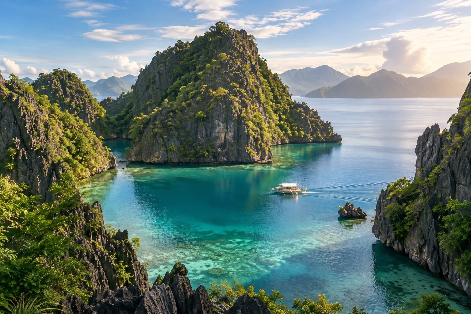 Illustration of a lagoon ringed by limestone cliffs in El Nido, Palawan