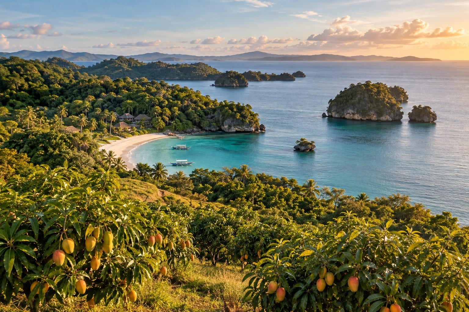 Illustration of mango orchards rolling toward a white-sand cove with small limestone islets in Guimaras