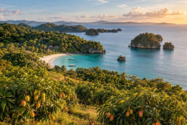 Illustration of mango orchards rolling toward a white-sand cove with small limestone islets in Guimaras