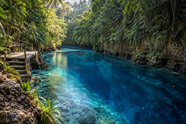 Illustration of a clear blue river winding through dense tropical forest and limestone banks at Hinatuan, Surigao del Sur