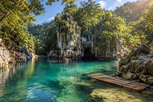Illustration of a clear turquoise river winding between forested limestone cliffs and a cave in Isabela
