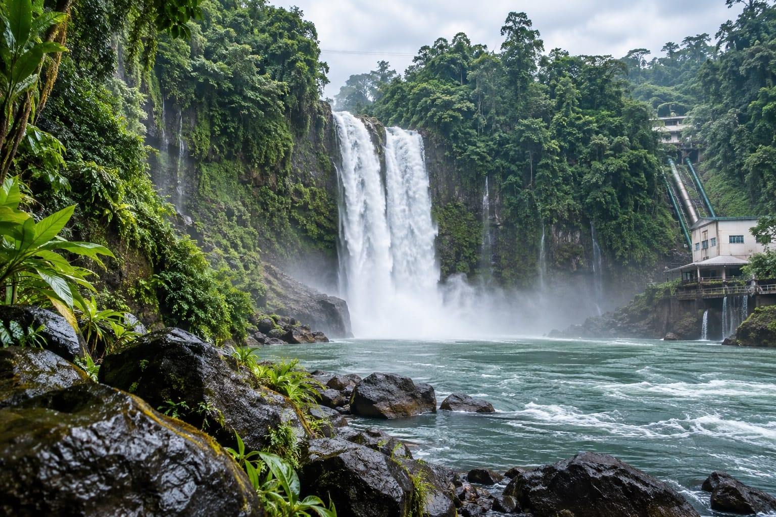 Illustration of a tall waterfall pouring through a lush gorge with dark rock and wet vegetation in Iligan