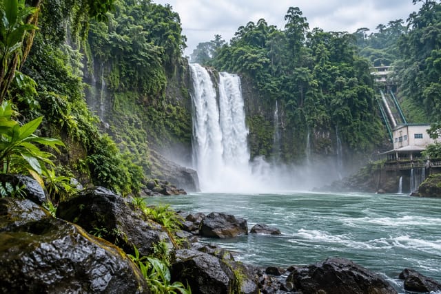 Illustration of a tall waterfall pouring through a lush gorge with dark rock and wet vegetation in Iligan