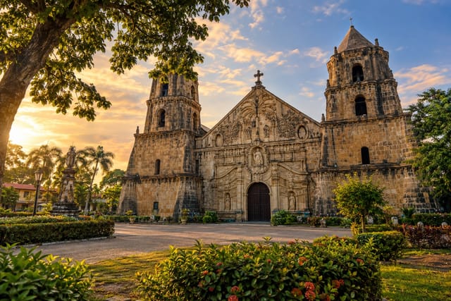 Illustration of the ornate stone facade of Miagao Church in Iloilo