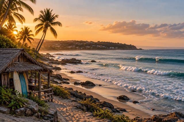 Illustration of surfboards on a beach at sunset in La Union